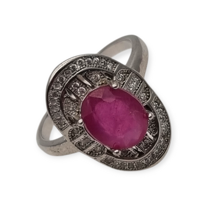 Anillo de plata 925 con rubí y circonitas estilo Art Déco circa 1980-90