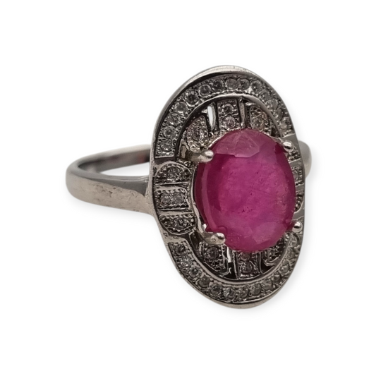 Anillo de plata 925 con rubí y circonitas estilo Art Déco circa 1980-90