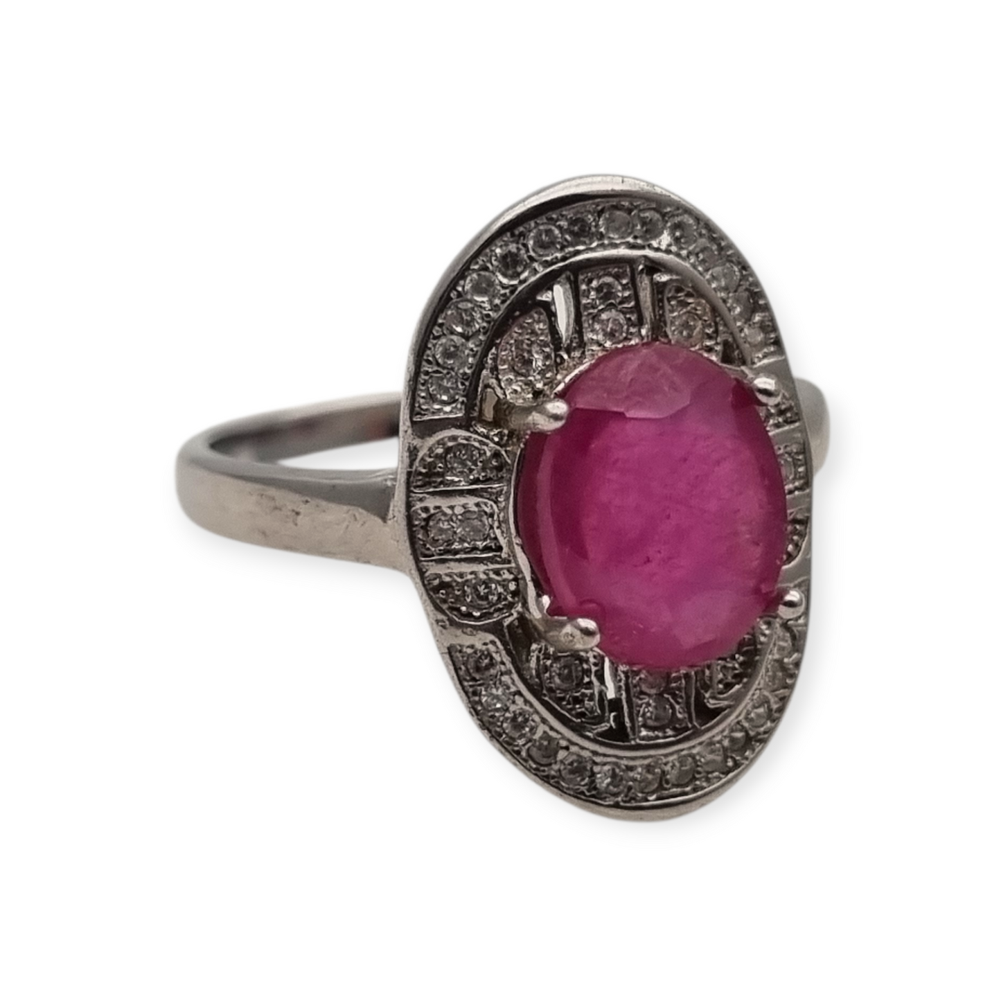 Anillo de plata 925 con rubí y circonitas estilo Art Déco circa 1980-90