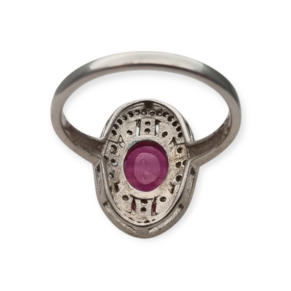 Anillo de plata 925 con rubí y circonitas estilo Art Déco circa 1980-90