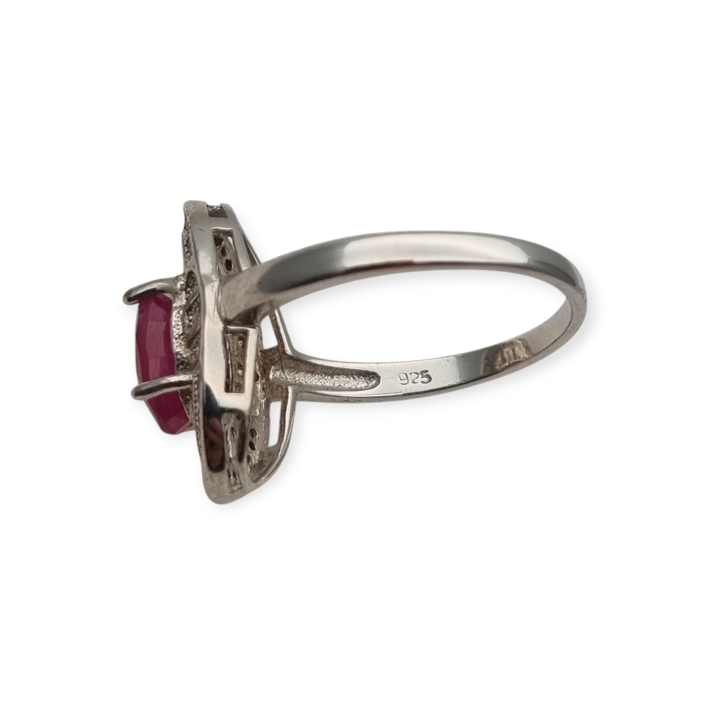 Anillo de plata 925 con rubí y circonitas estilo Art Déco circa 1980-90
