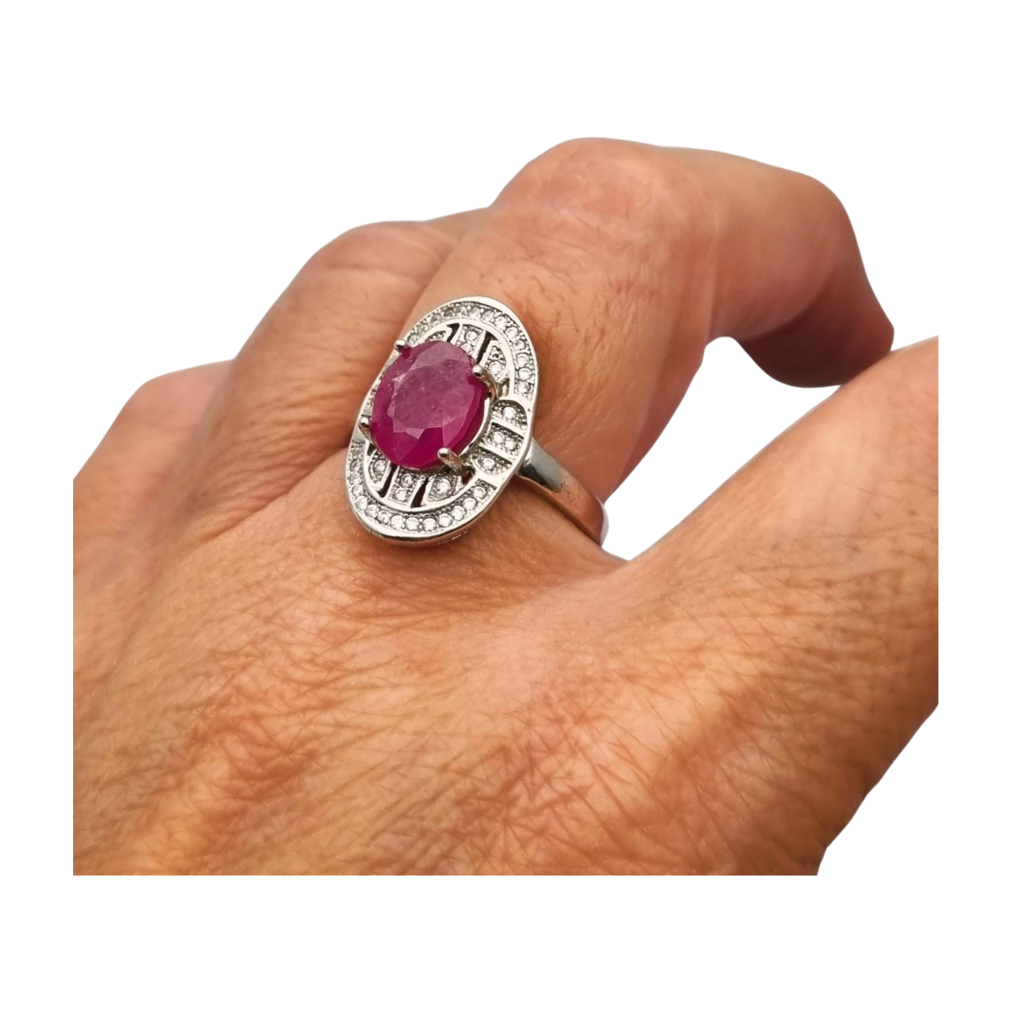 Anillo de plata 925 con rubí y circonitas estilo Art Déco circa 1980-90