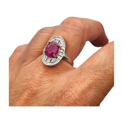 Anillo de plata 925 con rubí y circonitas estilo Art Déco circa 1980-90