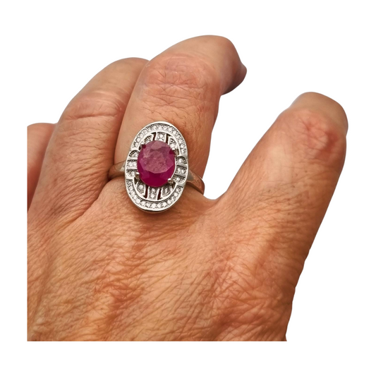 Anillo de plata 925 con rubí y circonitas estilo Art Déco circa 1980-90