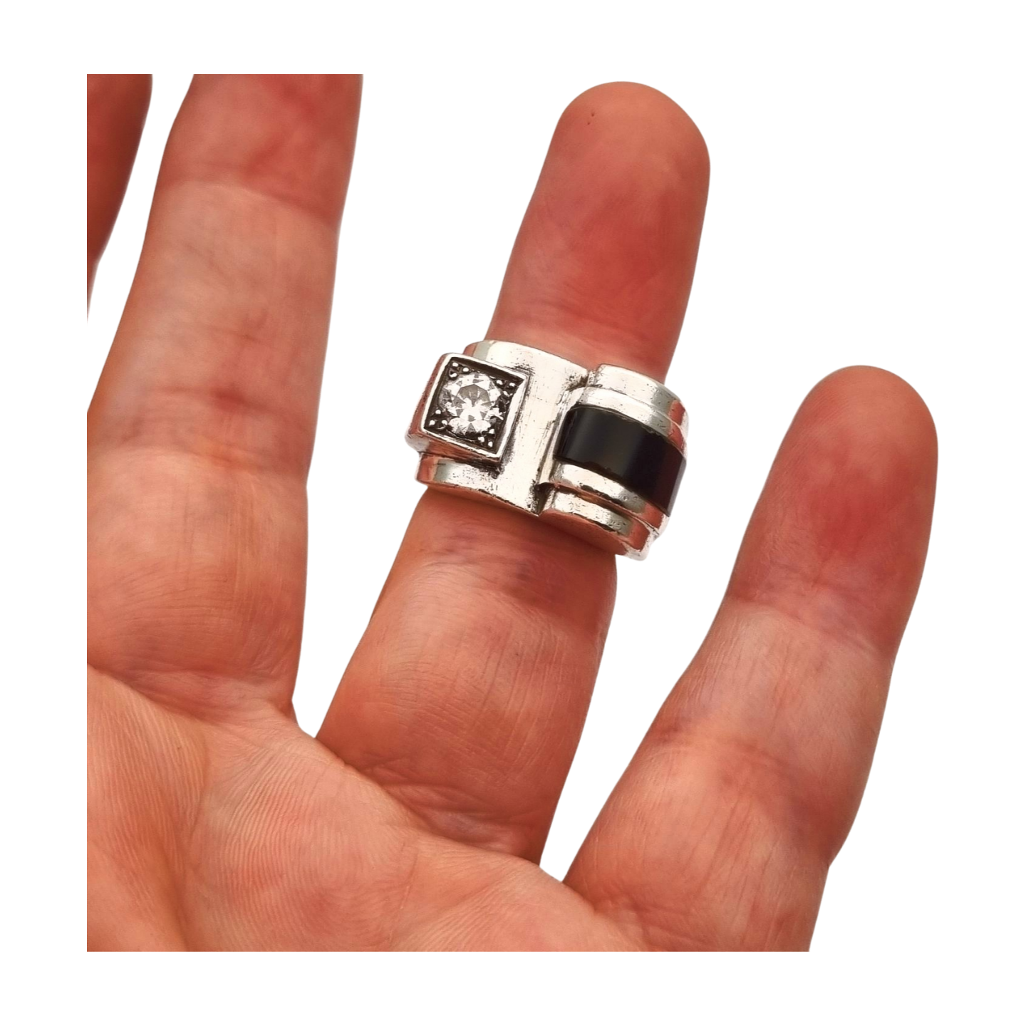 Anillo Art Déco francés en Plata 800 con ónix y cristal circa 1930