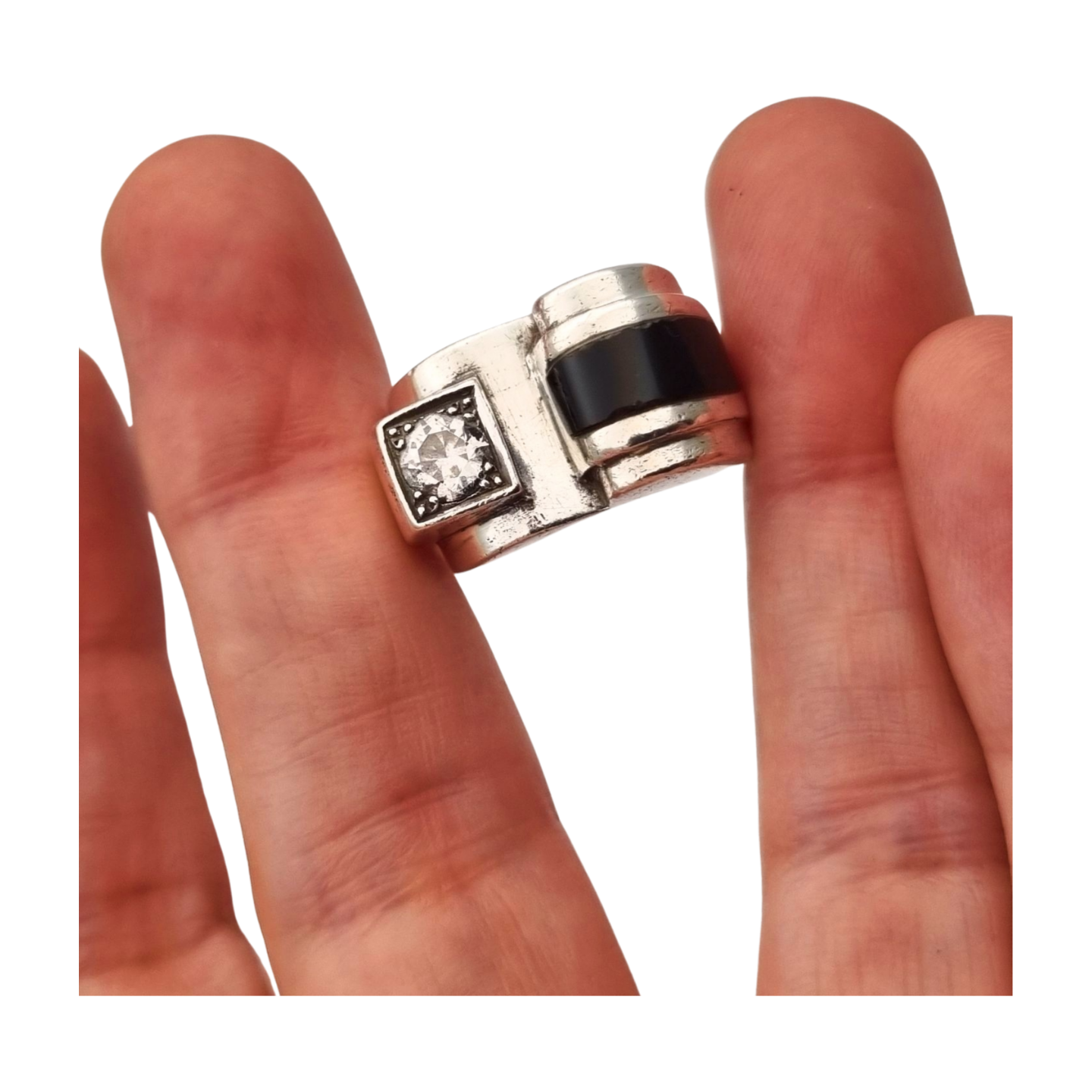Anillo Art Déco francés en Plata 800 con ónix y cristal circa 1930