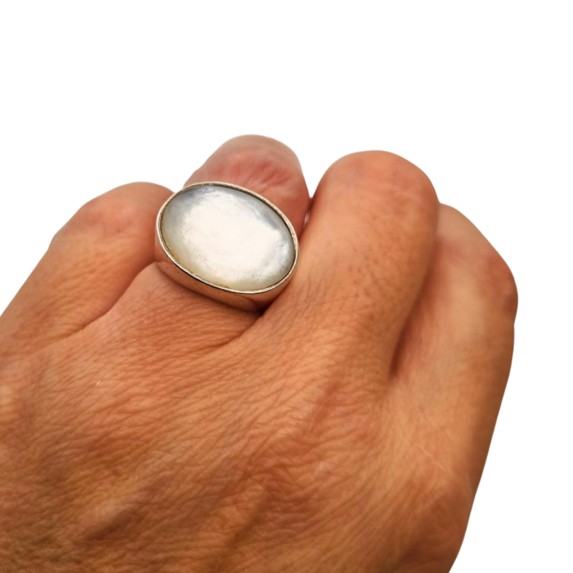 Anillo de diseñador estilo boho en plata y nácar firmado Athena, Europa años 90