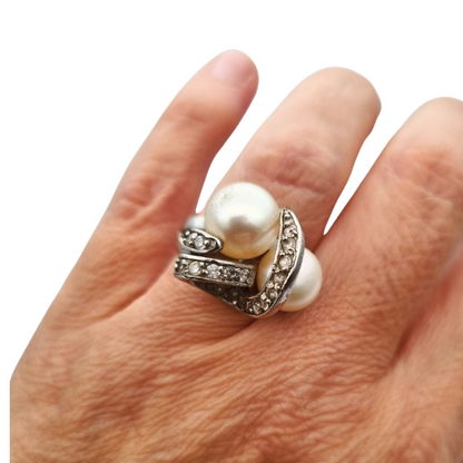 Anillo vintage de plata 925 con perlas y circonitas circa 1980-90