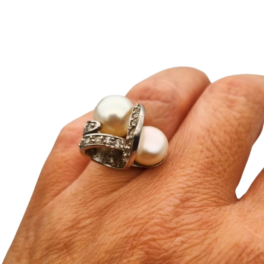 Anillo vintage de plata 925 con perlas y circonitas circa 1980-90