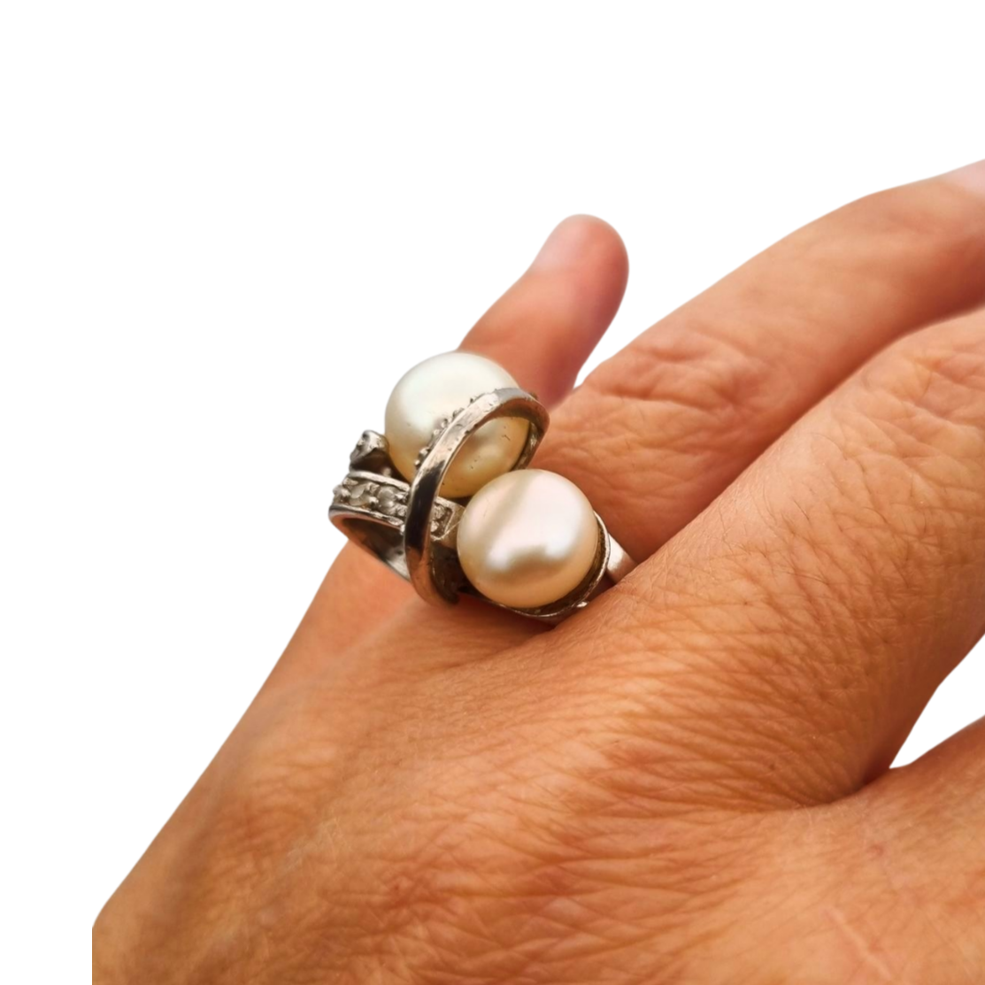 Anillo vintage de plata 925 con perlas y circonitas circa 1980-90