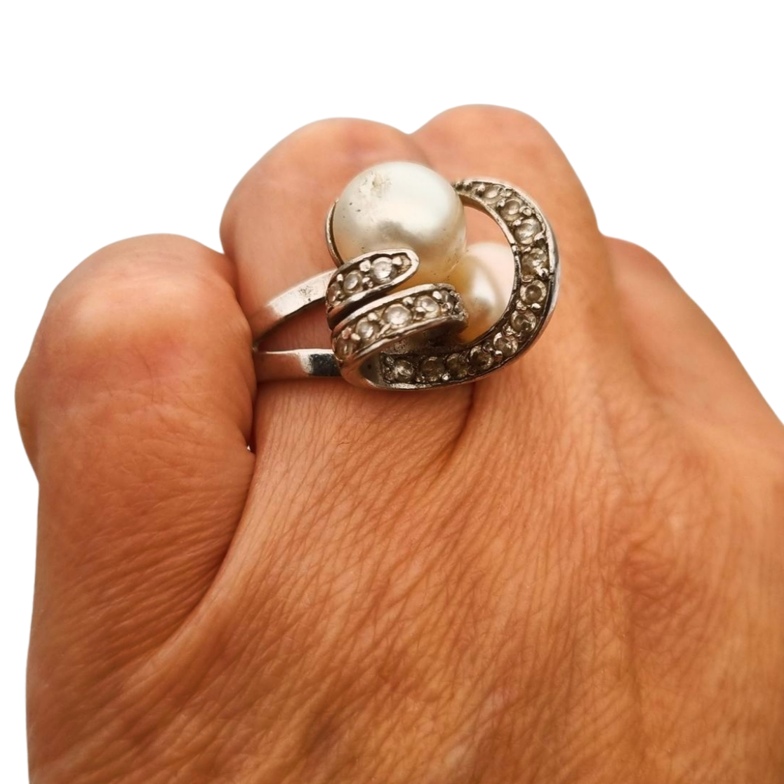 Anillo vintage de plata 925 con perlas y circonitas circa 1980-90