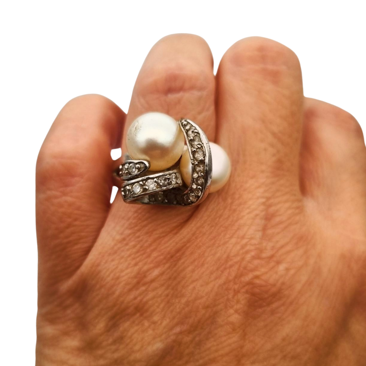 Anillo vintage de plata 925 con perlas y circonitas circa 1980-90