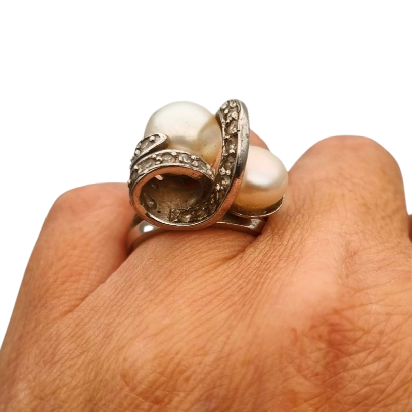 Anillo vintage de plata 925 con perlas y circonitas circa 1980-90