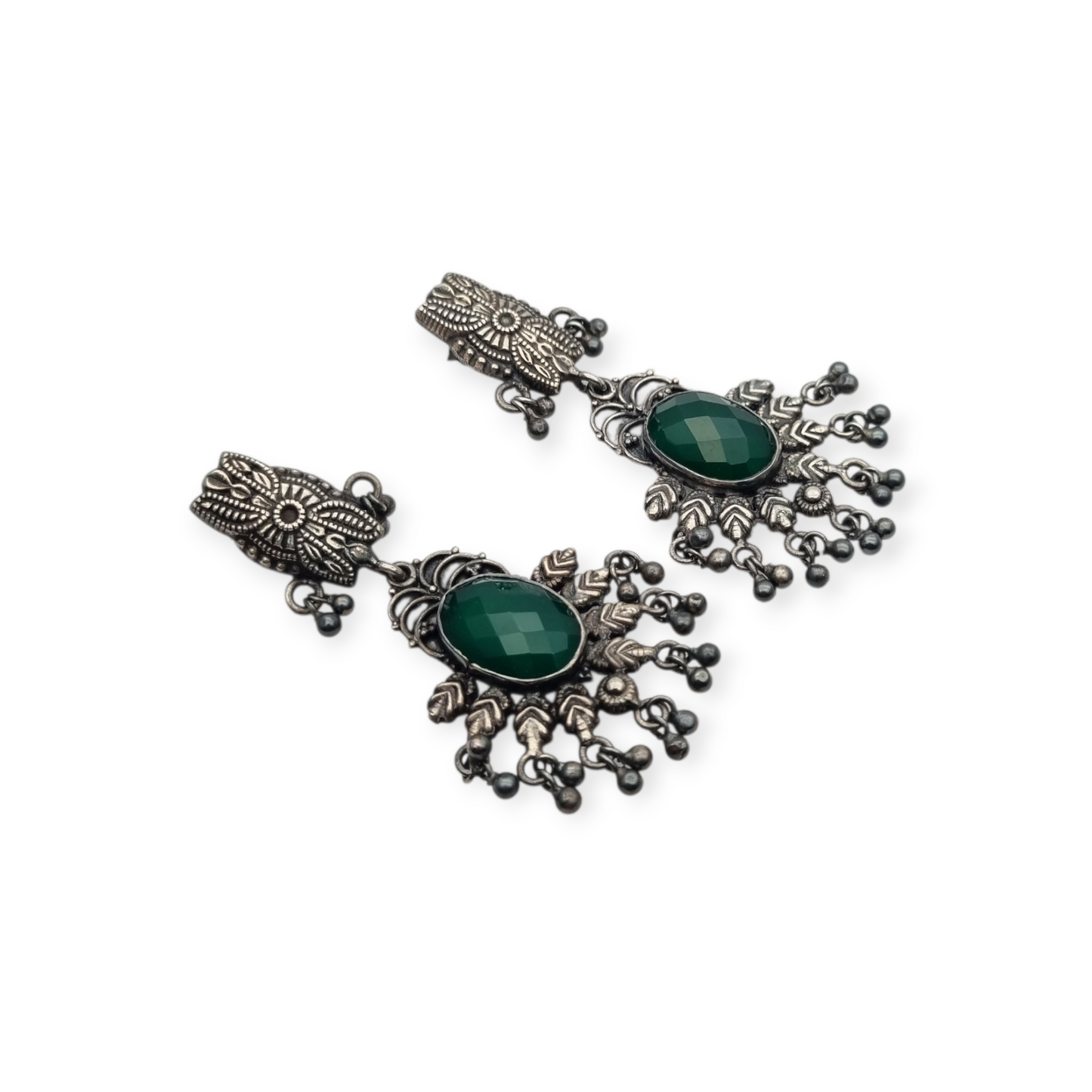 Pendientes Boho largos de plata y calcedonia verde estilo étnico, años 80-90