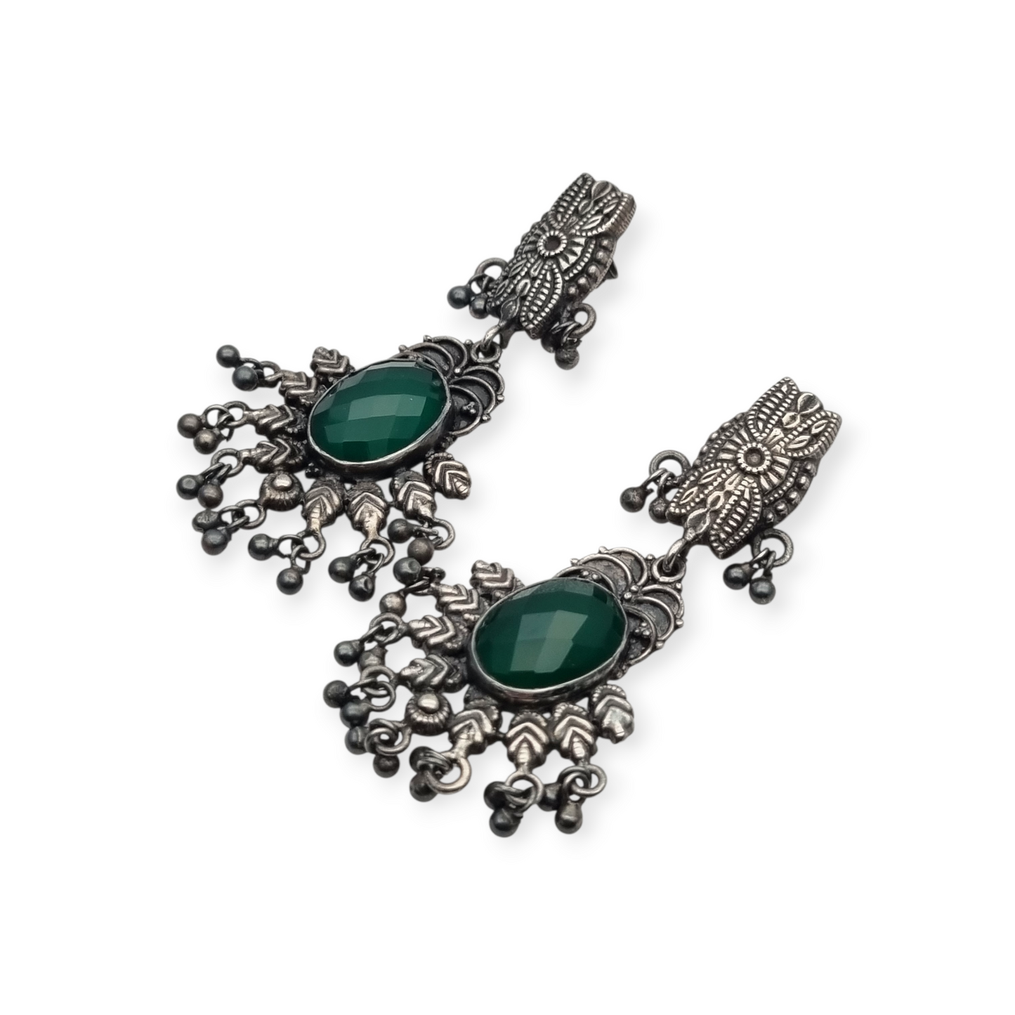 Pendientes Boho largos de plata y calcedonia verde estilo étnico, años 80-90