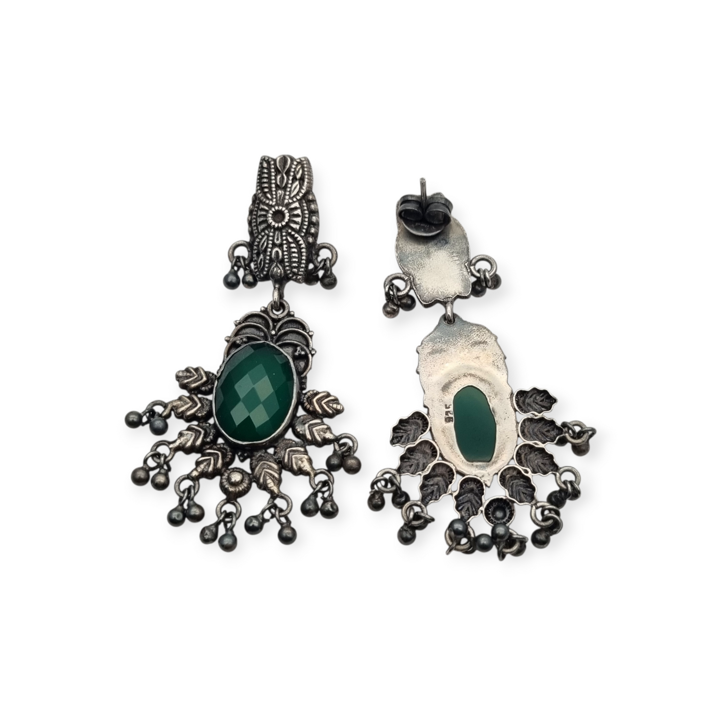 Pendientes Boho largos de plata y calcedonia verde estilo étnico, años 80-90
