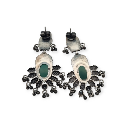 Pendientes Boho largos de plata y calcedonia verde estilo étnico, años 80-90
