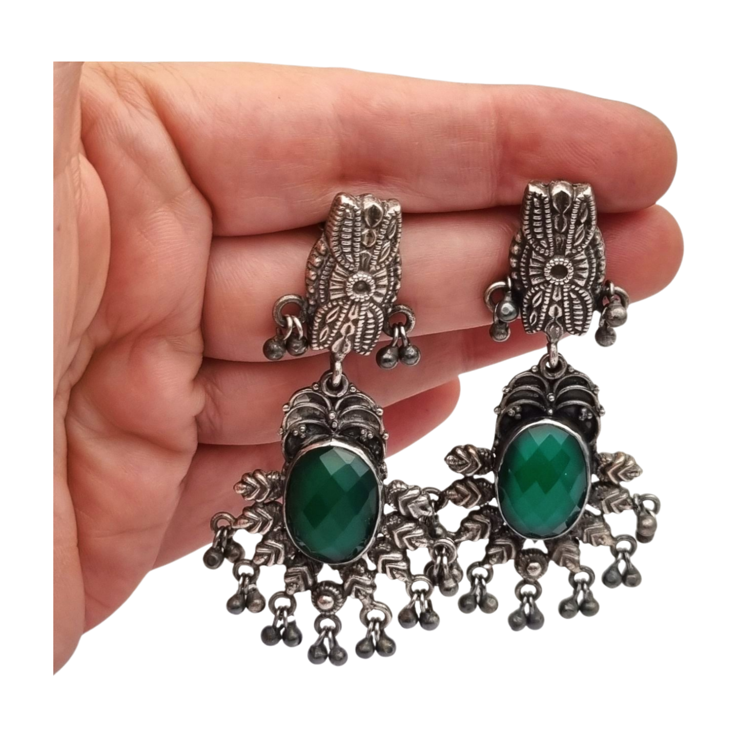 Pendientes Boho largos de plata y calcedonia verde estilo étnico, años 80-90