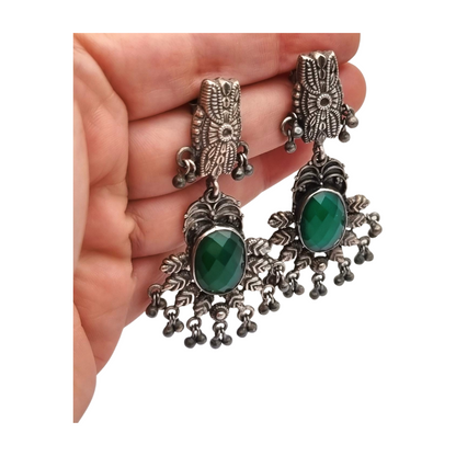 Pendientes Boho largos de plata y calcedonia verde estilo étnico, años 80-90
