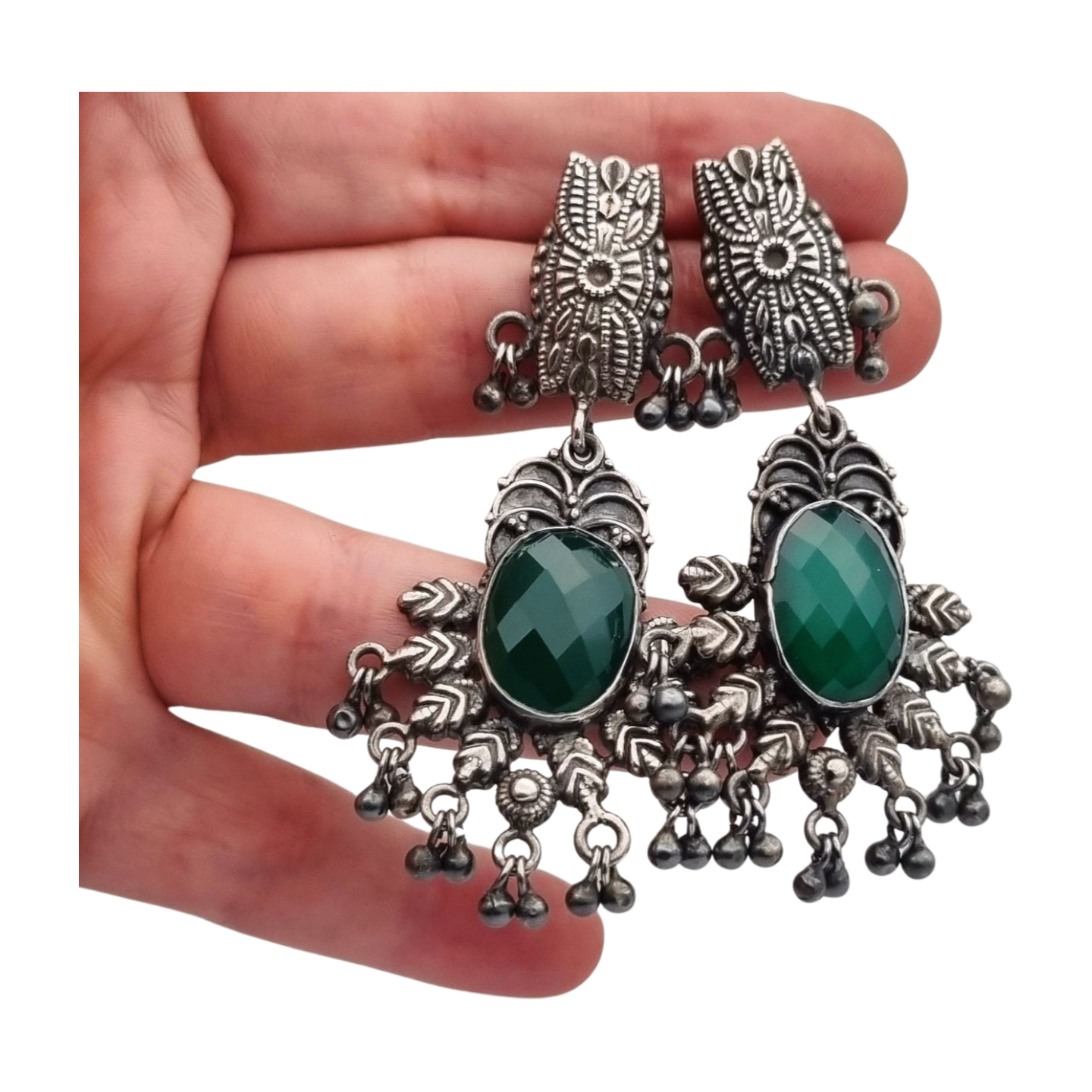 Pendientes Boho largos de plata y calcedonia verde estilo étnico, años 80-90