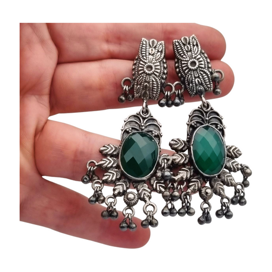 Pendientes Boho largos de plata y calcedonia verde estilo étnico, años 80-90