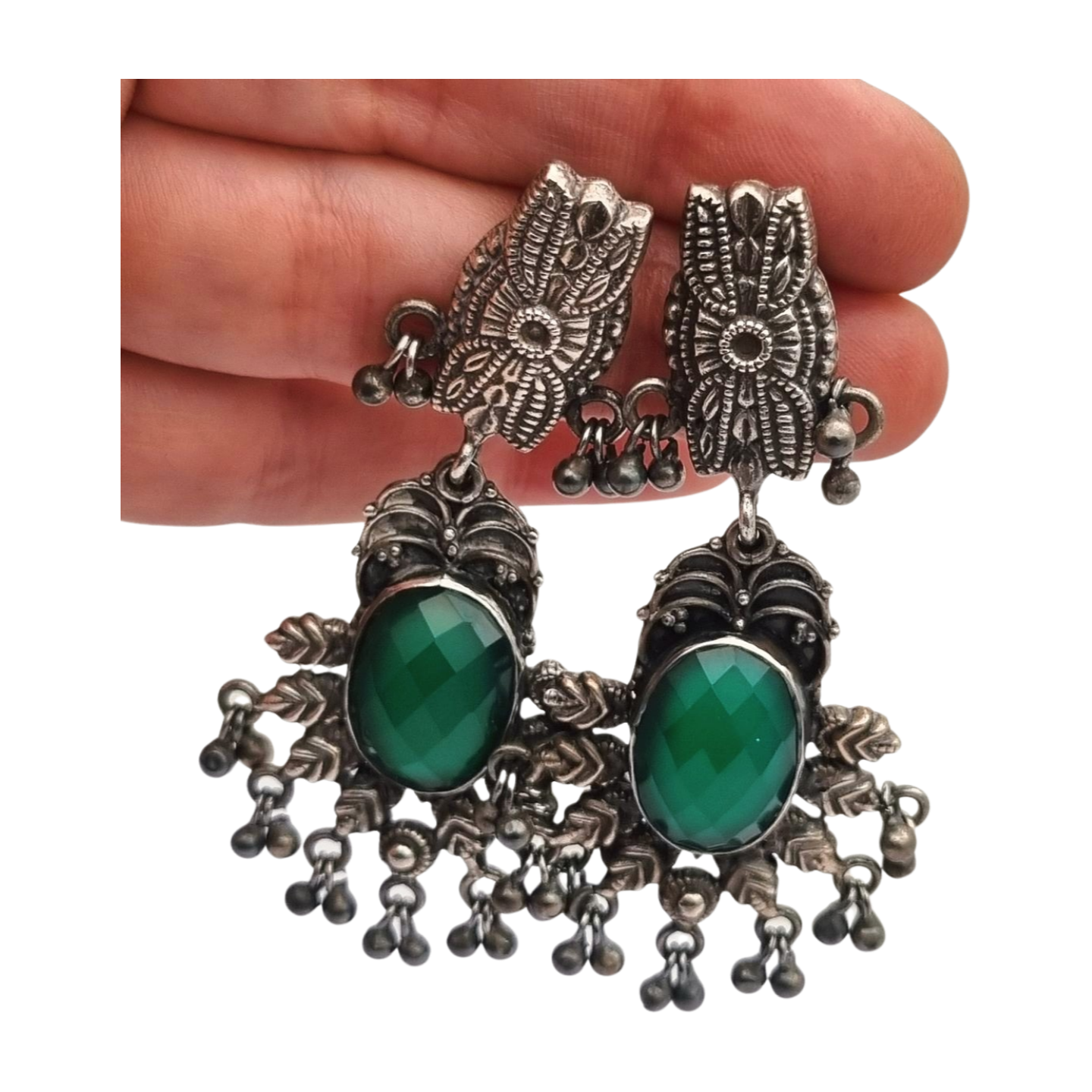 Pendientes Boho largos de plata y calcedonia verde estilo étnico, años 80-90