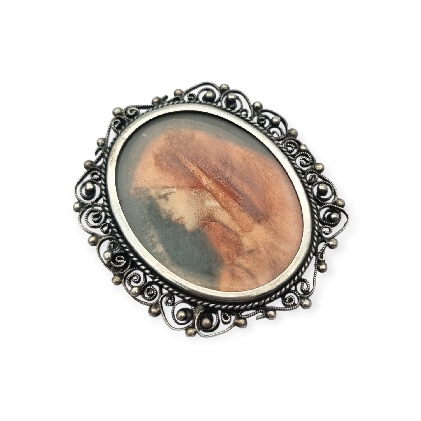 Broche colgante de plata 800 y filigrana con miniatura de Santa Fabiola, circa 1920