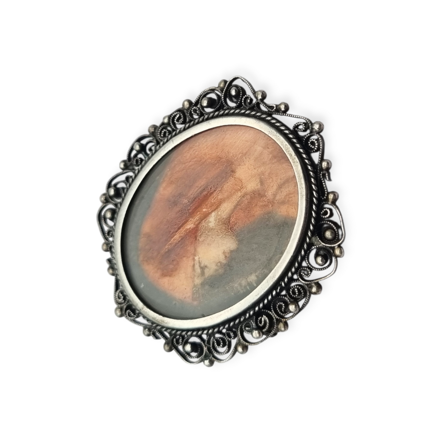 Broche colgante de plata 800 y filigrana con miniatura de Santa Fabiola, circa 1920