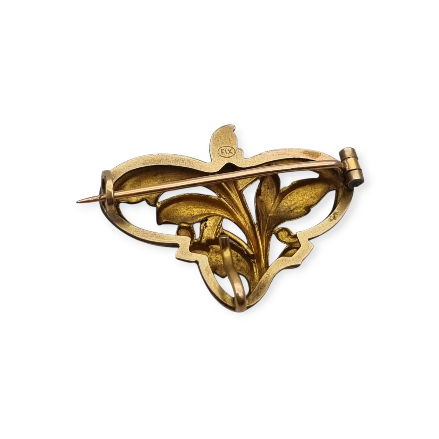 Broche FIX Art Nouveau laminado en oro con piedra verde y diseño floral, circa 1920