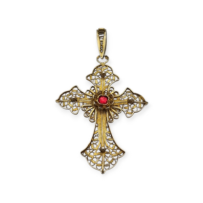 Classic religious cross in gilt silver filigree with red stone circa 1950-60