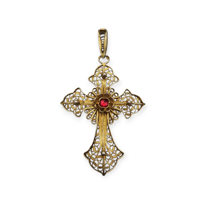 Classic religious cross in gilt silver filigree with red stone circa 1950-60