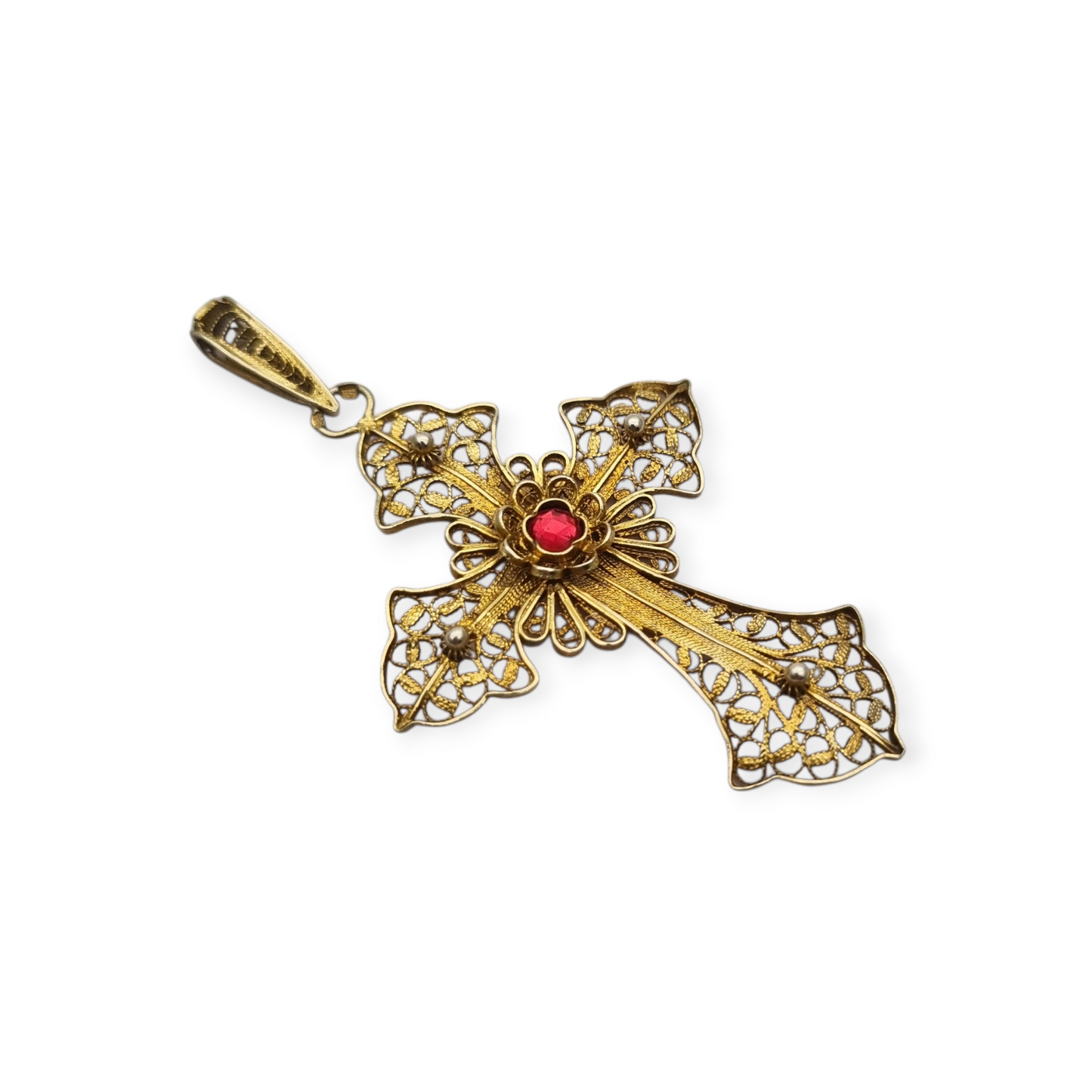 Classic religious cross in gilt silver filigree with red stone circa 1950-60