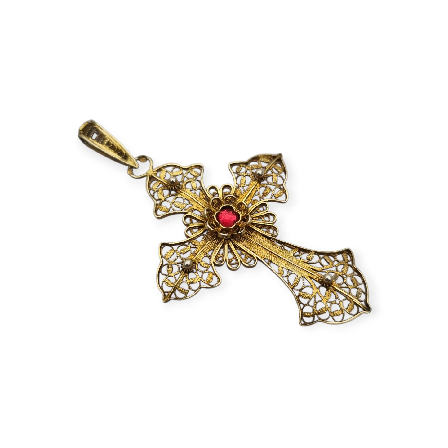 Classic religious cross in gilt silver filigree with red stone circa 1950-60