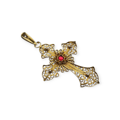 Classic religious cross in gilt silver filigree with red stone circa 1950-60