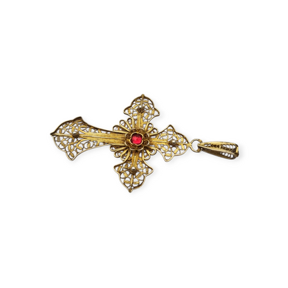 Classic religious cross in gilt silver filigree with red stone circa 1950-60