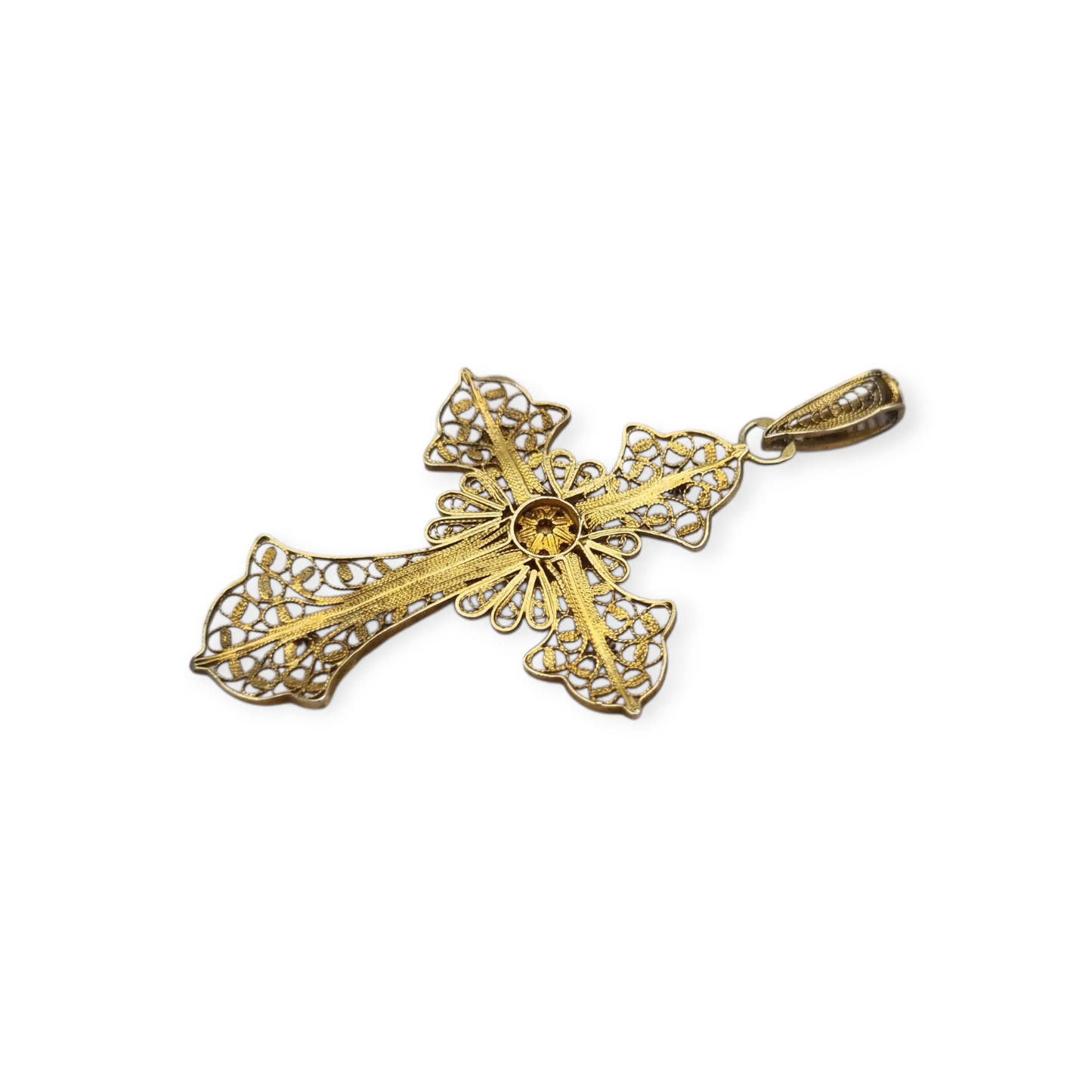 Classic religious cross in gilt silver filigree with red stone circa 1950-60