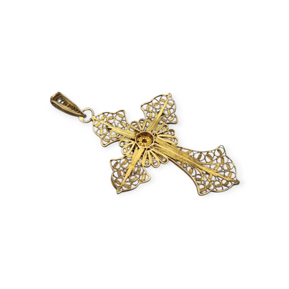 Classic religious cross in gilt silver filigree with red stone circa 1950-60