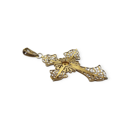 Classic religious cross in gilt silver filigree with red stone circa 1950-60