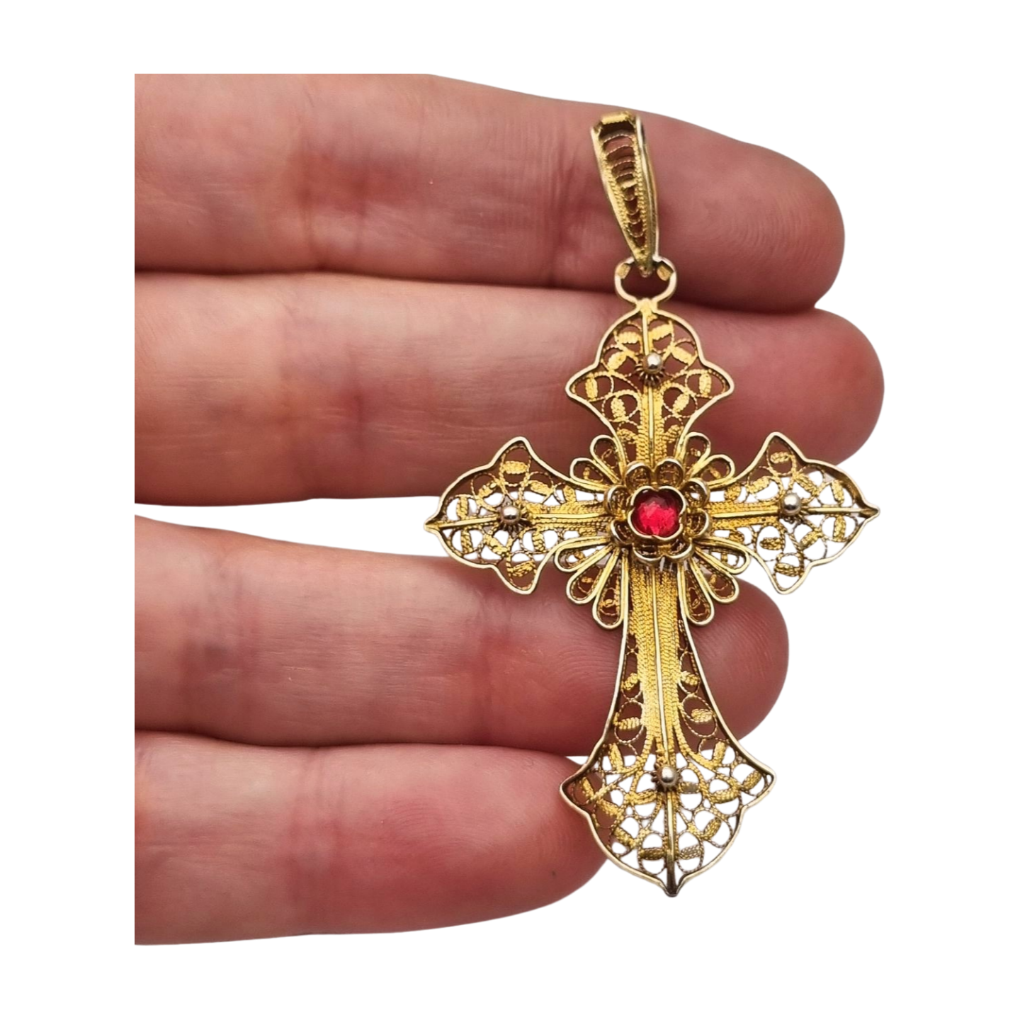 Classic religious cross in gilt silver filigree with red stone circa 1950-60
