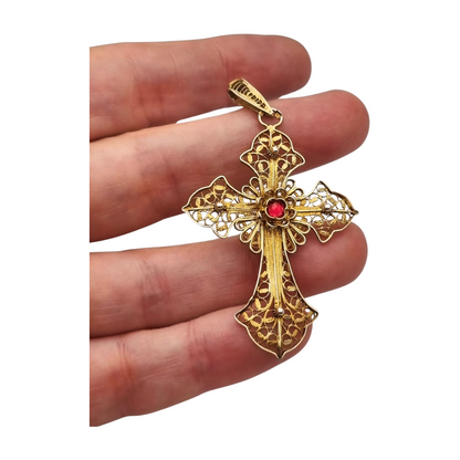 Classic religious cross in gilt silver filigree with red stone circa 1950-60