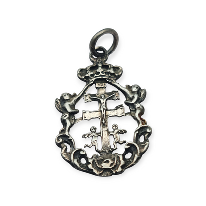 Sterling silver religious pendant with Caravaca cross and cherubs circa 1970-80