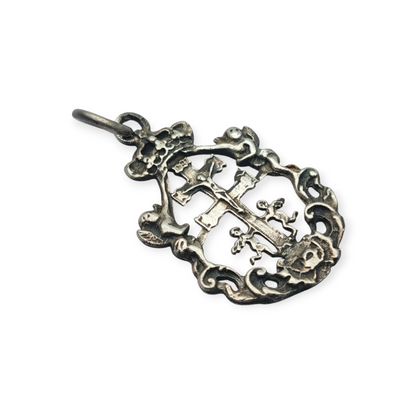 Sterling silver religious pendant with Caravaca cross and cherubs circa 1970-80