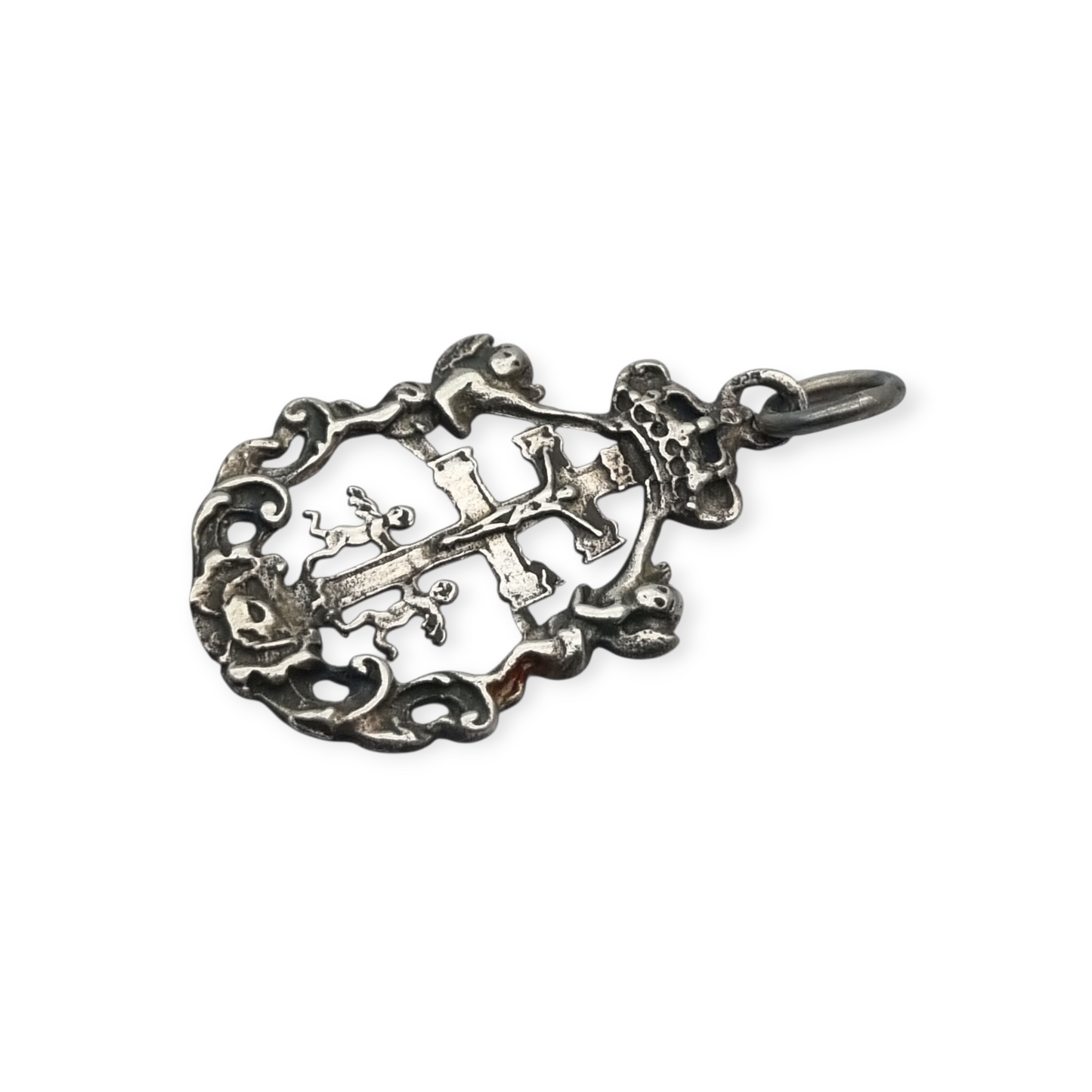 Sterling silver religious pendant with Caravaca cross and cherubs circa 1970-80