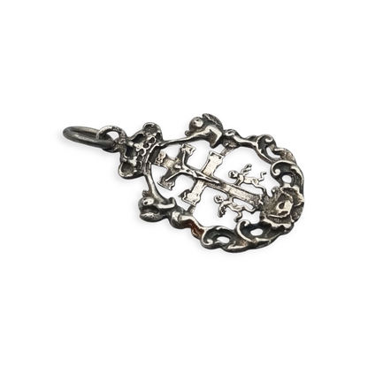 Sterling silver religious pendant with Caravaca cross and cherubs circa 1970-80