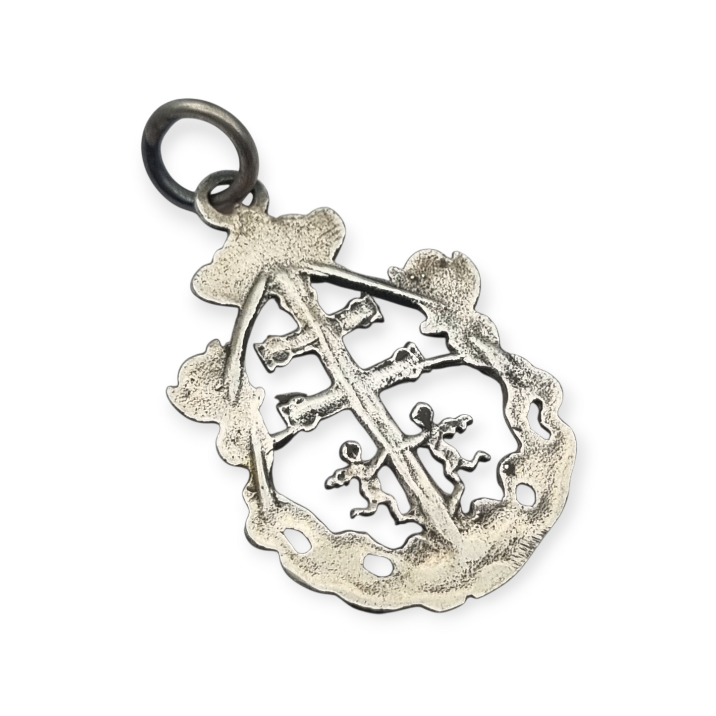 Sterling silver religious pendant with Caravaca cross and cherubs circa 1970-80