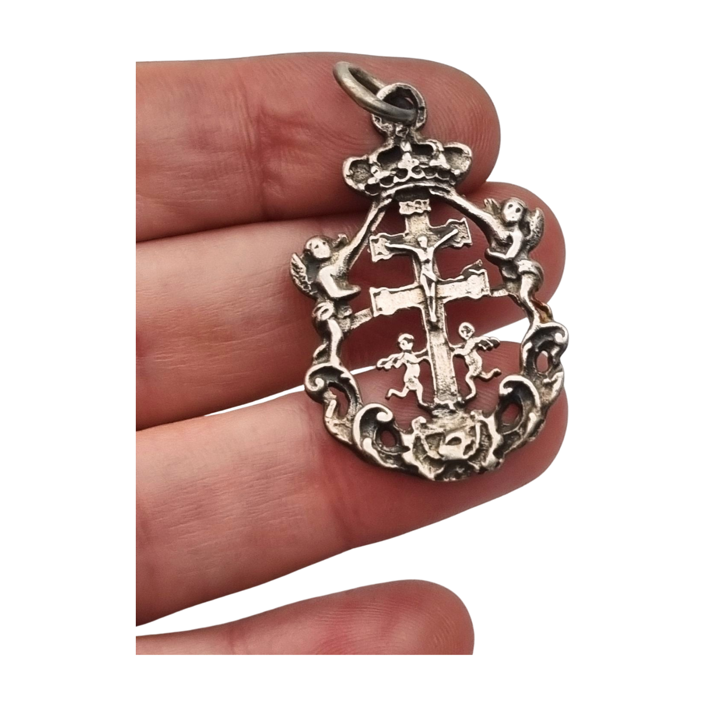 Sterling silver religious pendant with Caravaca cross and cherubs circa 1970-80