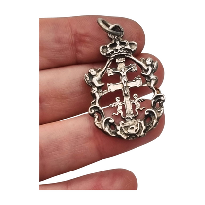 Sterling silver religious pendant with Caravaca cross and cherubs circa 1970-80