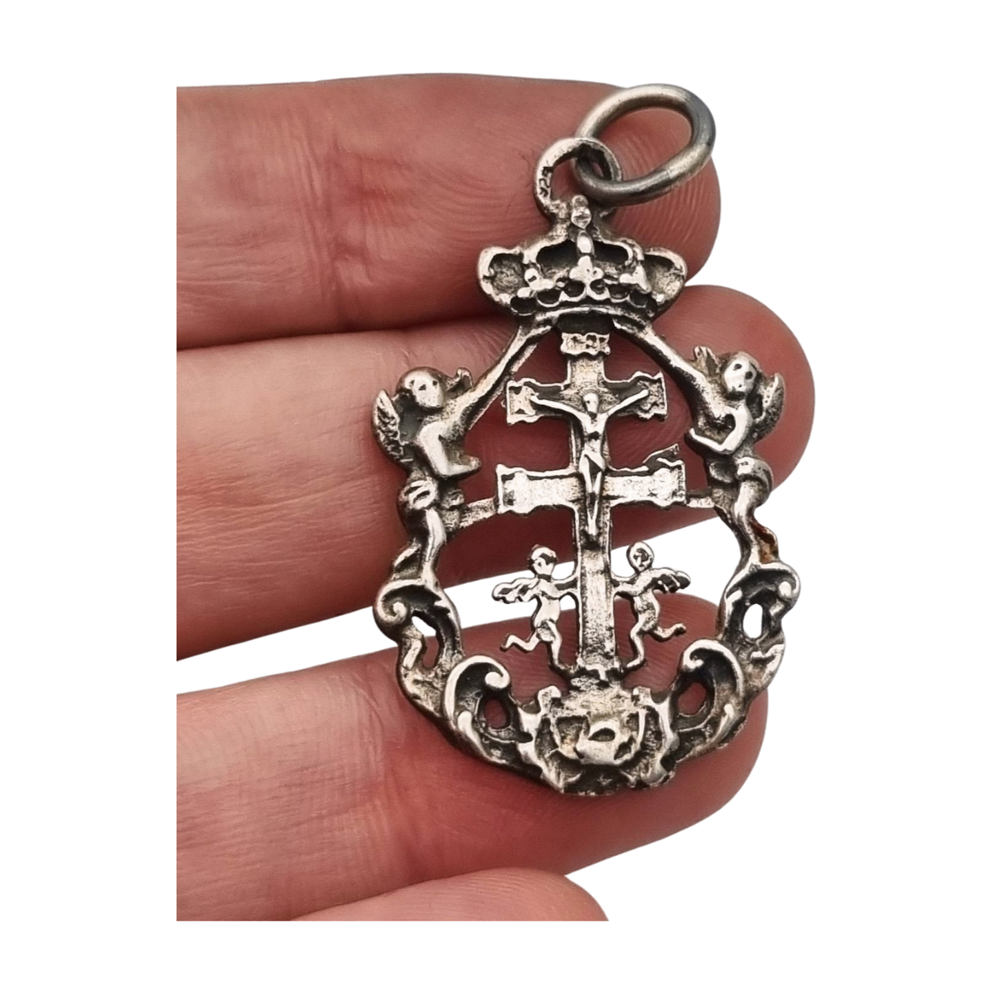 Sterling silver religious pendant with Caravaca cross and cherubs circa 1970-80
