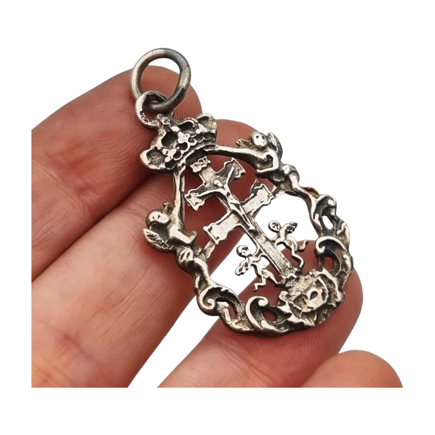 Sterling silver religious pendant with Caravaca cross and cherubs circa 1970-80