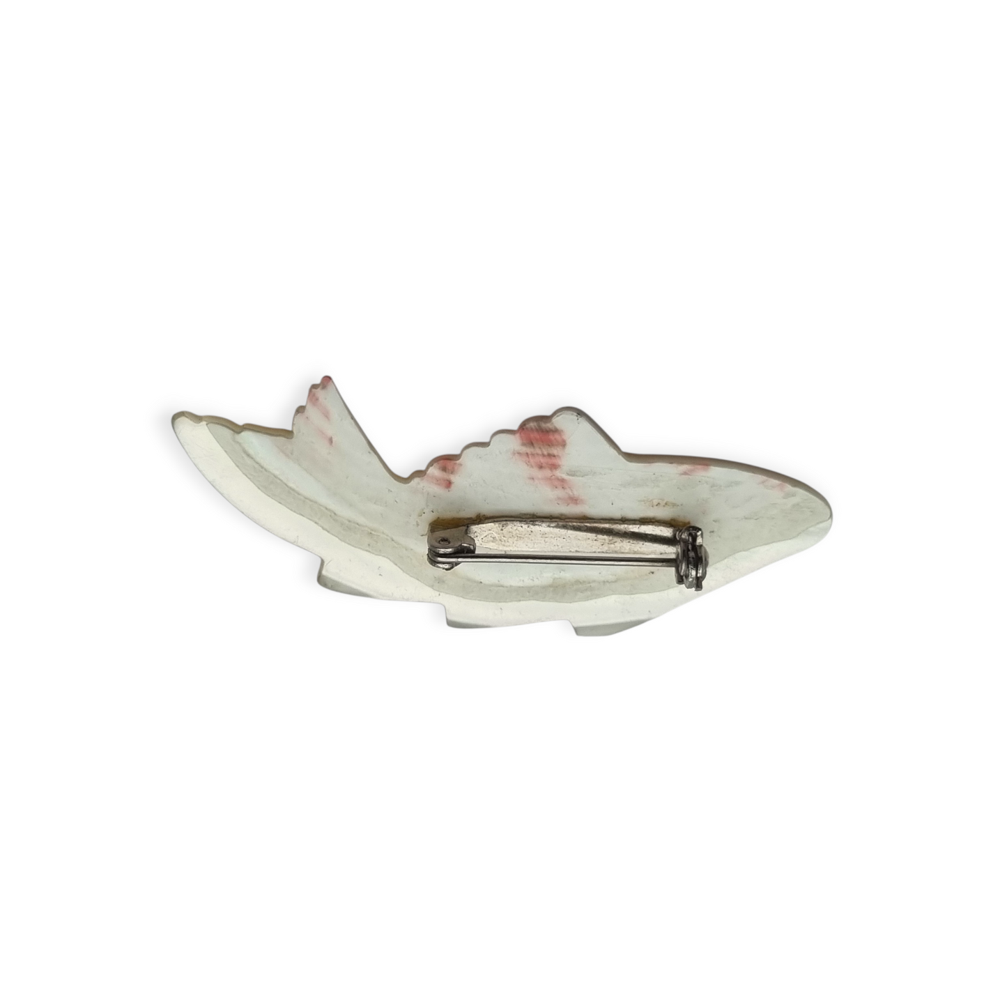 Vintage costume jewelry natural mother-of-pearl carved fish brooch, 1950s